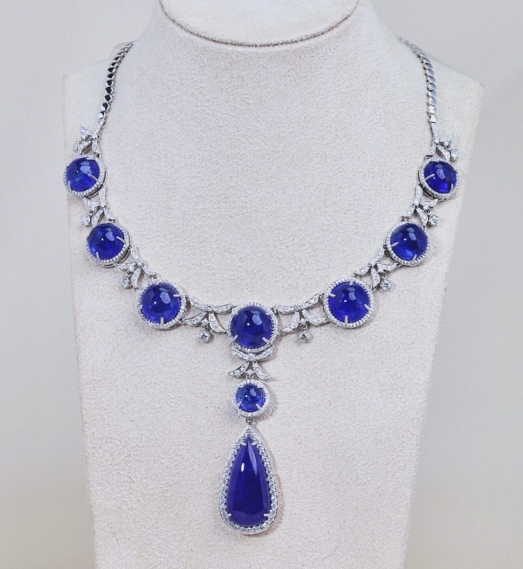 128.55 Carat Tanzanite and Diamond Necklace with Detachable Pendant in 18K White Gold