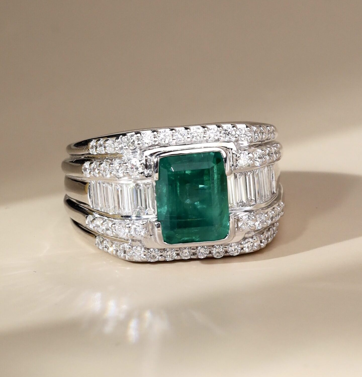 3.36 Carat Zambian Emerald and Diamond Unisex Ring in 18K White Gold - Image 2