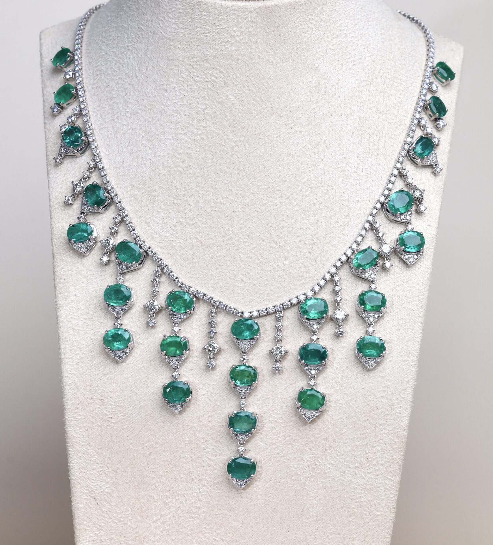 54.15 Carat Zambian Emerald and Diamond Necklace in 18K White Gold