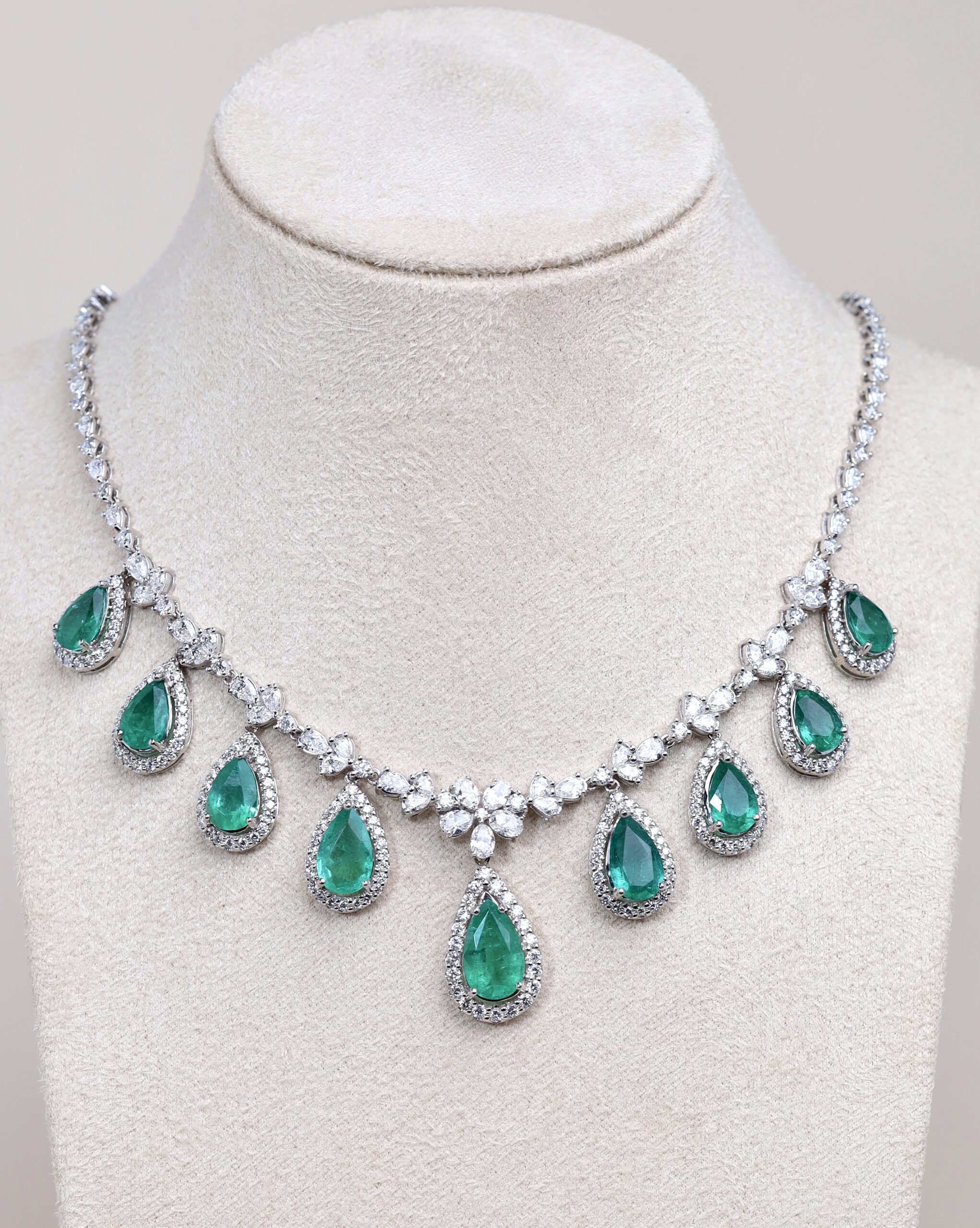 18.86 Carat Zambian Emerald and Diamond Necklace in 18K White Gold