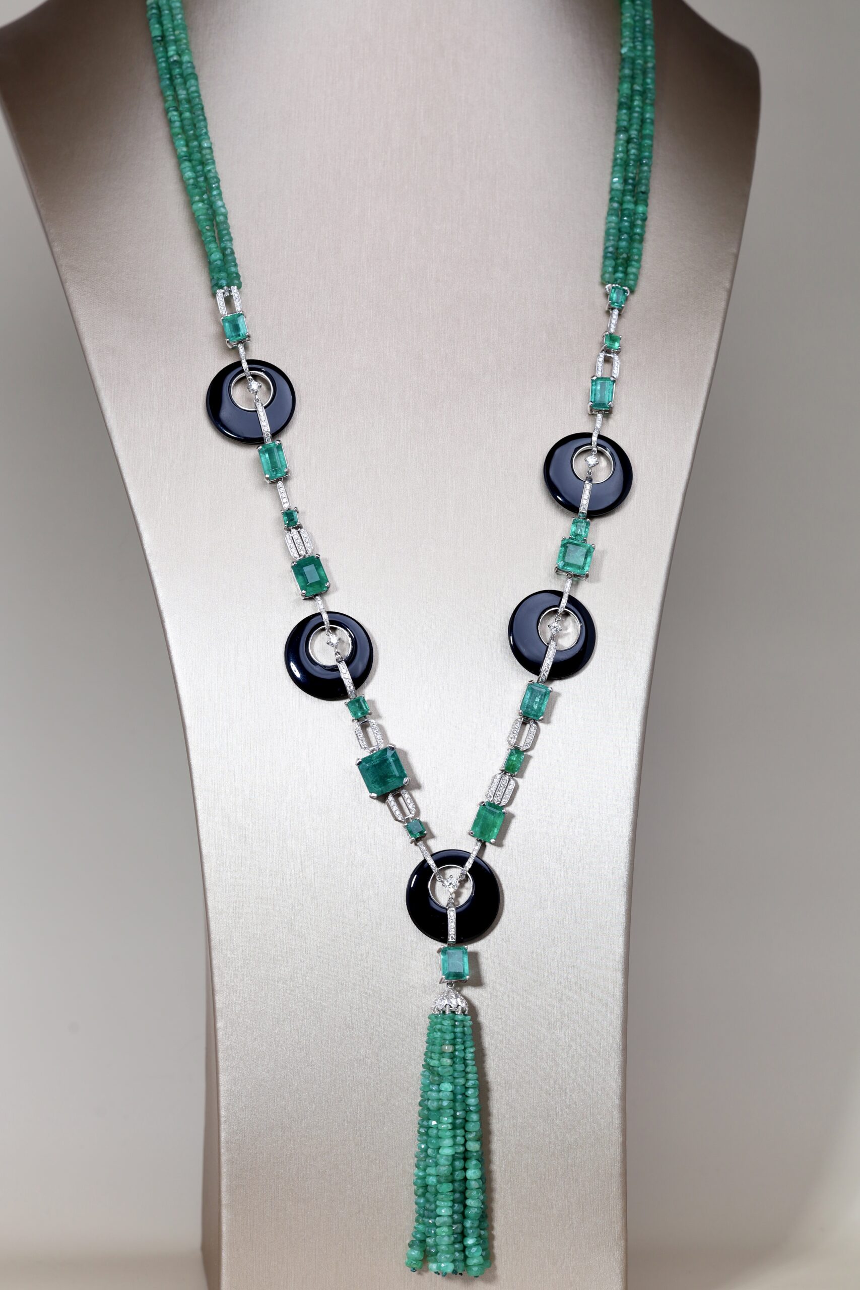 Art Deco Emerald and Diamond Long Necklace in 18K White Gold