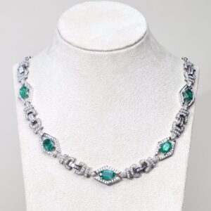 14.49 Carat Oval Emerald and Diamond Necklace in 18K White Gold