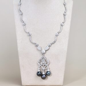 Tahitian Pearl and Diamond Art Deco Necklace in 18K White Gold
