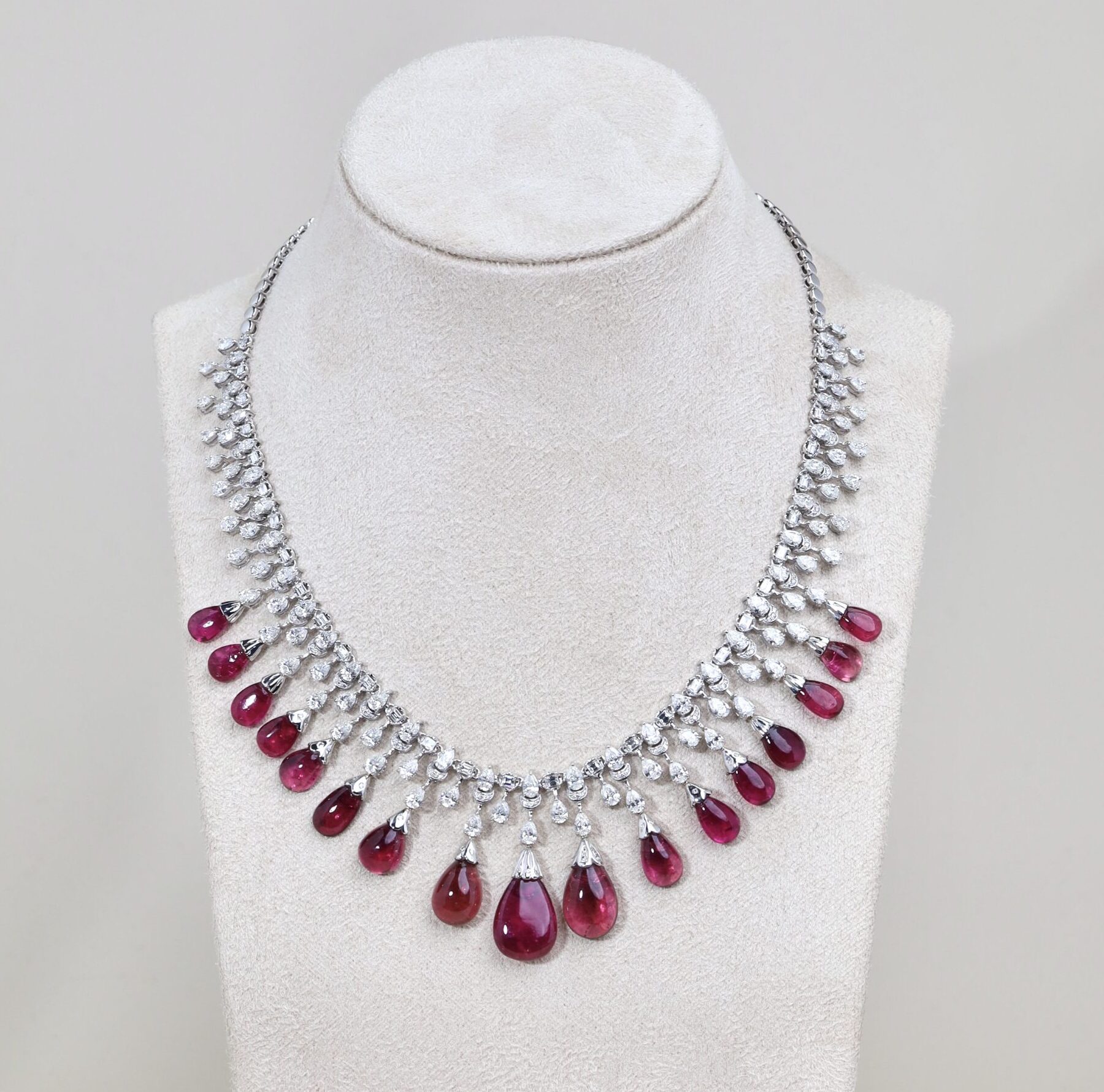 50.25 Carat Natural Rubellite Tourmaline and Diamond Necklace in 18K White Gold