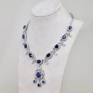 37.89 Carat Ceylon Blue Sapphire and Diamond Necklace with Detachable Pendant in 18K White Gold