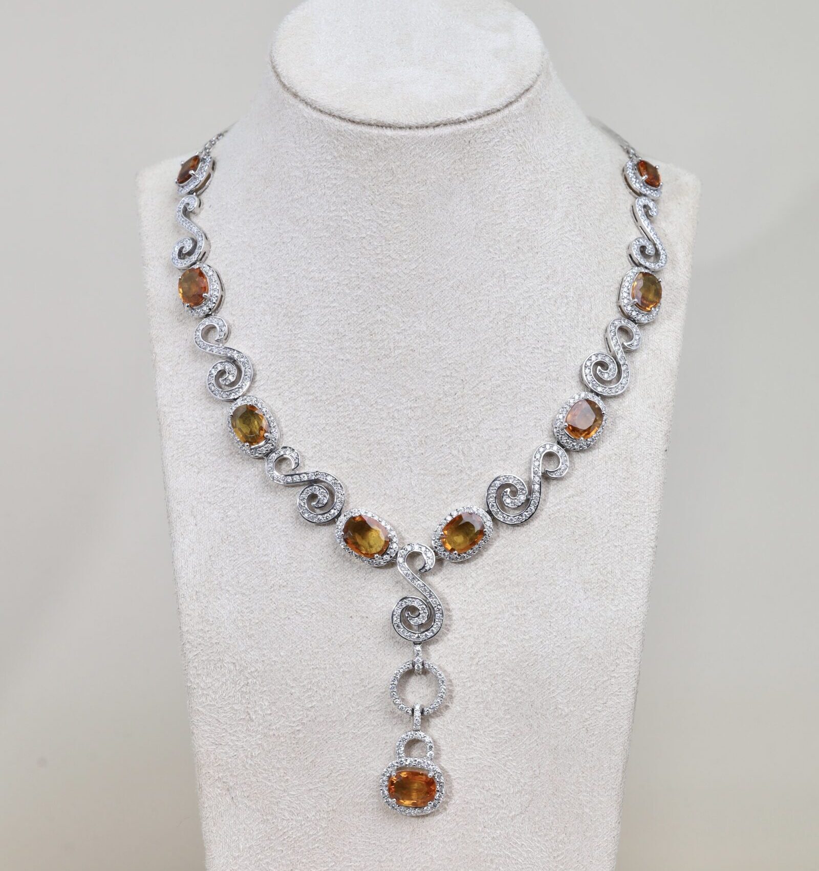 33.68 Carat Yellow Sapphire and Diamond Necklace in 18K White Gold