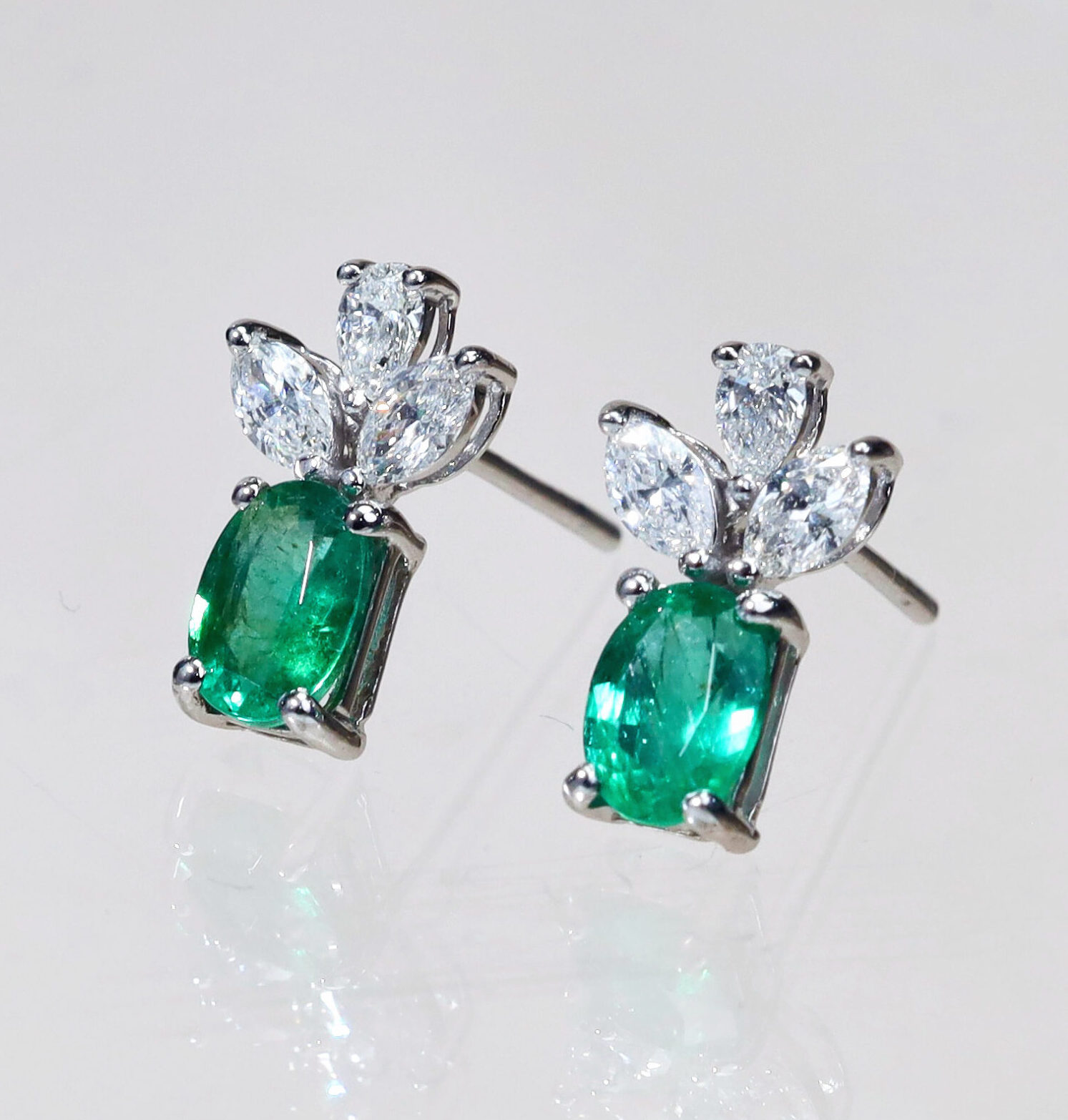 1.51 Carat Emerald and Diamond Stud Earrings in 18K White Gold