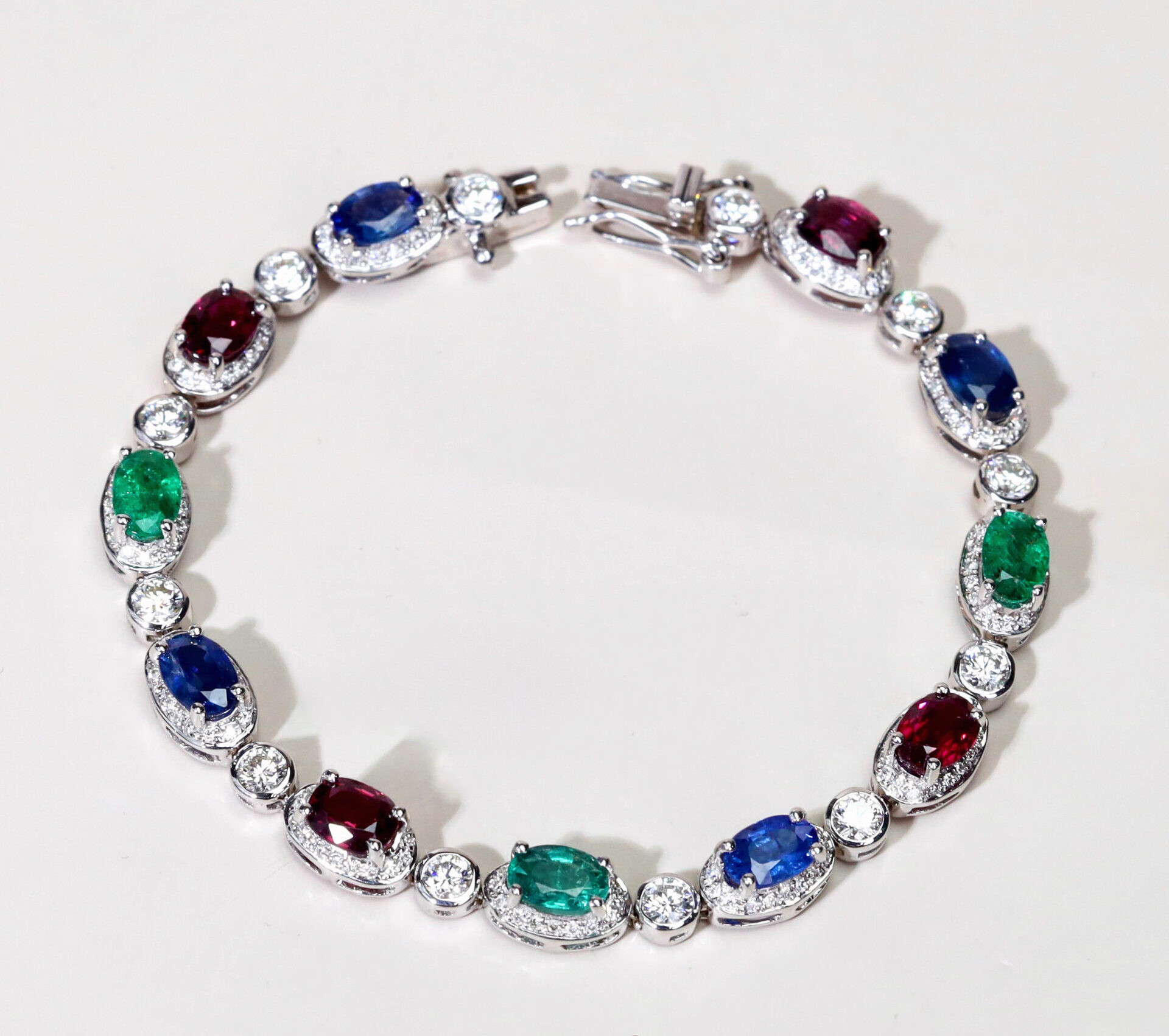Trinité Ruby, Emerald, Sapphire and Diamond Bracelet in 18K White Gold