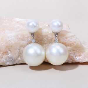13 mm South Sea Pearl & Diamond Drop Earrings in 18K White Gold
