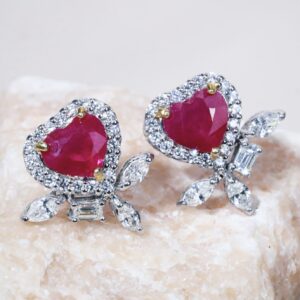 2.71 Carat Burmese Ruby and Diamond Heart Earrings in 18K White Gold
