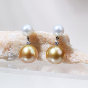 Golden and White South Sea Pearl Diamond Earrings in 18K White Gold