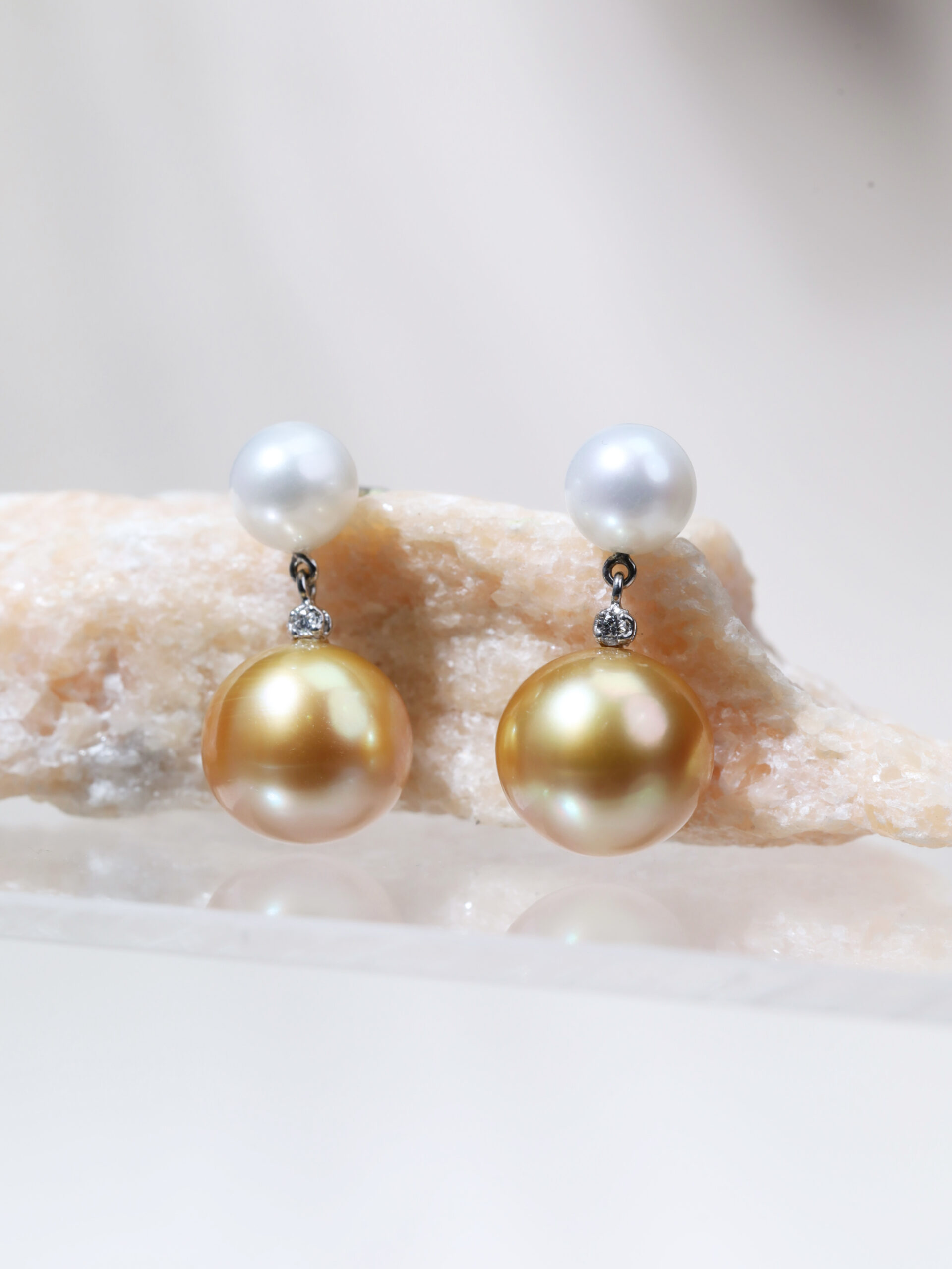 Golden and White South Sea Pearl Diamond Earrings in 18K White Gold