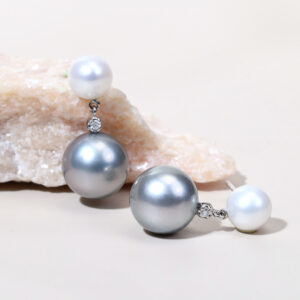 13 mm Tahitian and 8 mm South Sea Pearl Diamond Earrings in 18K White Gold
