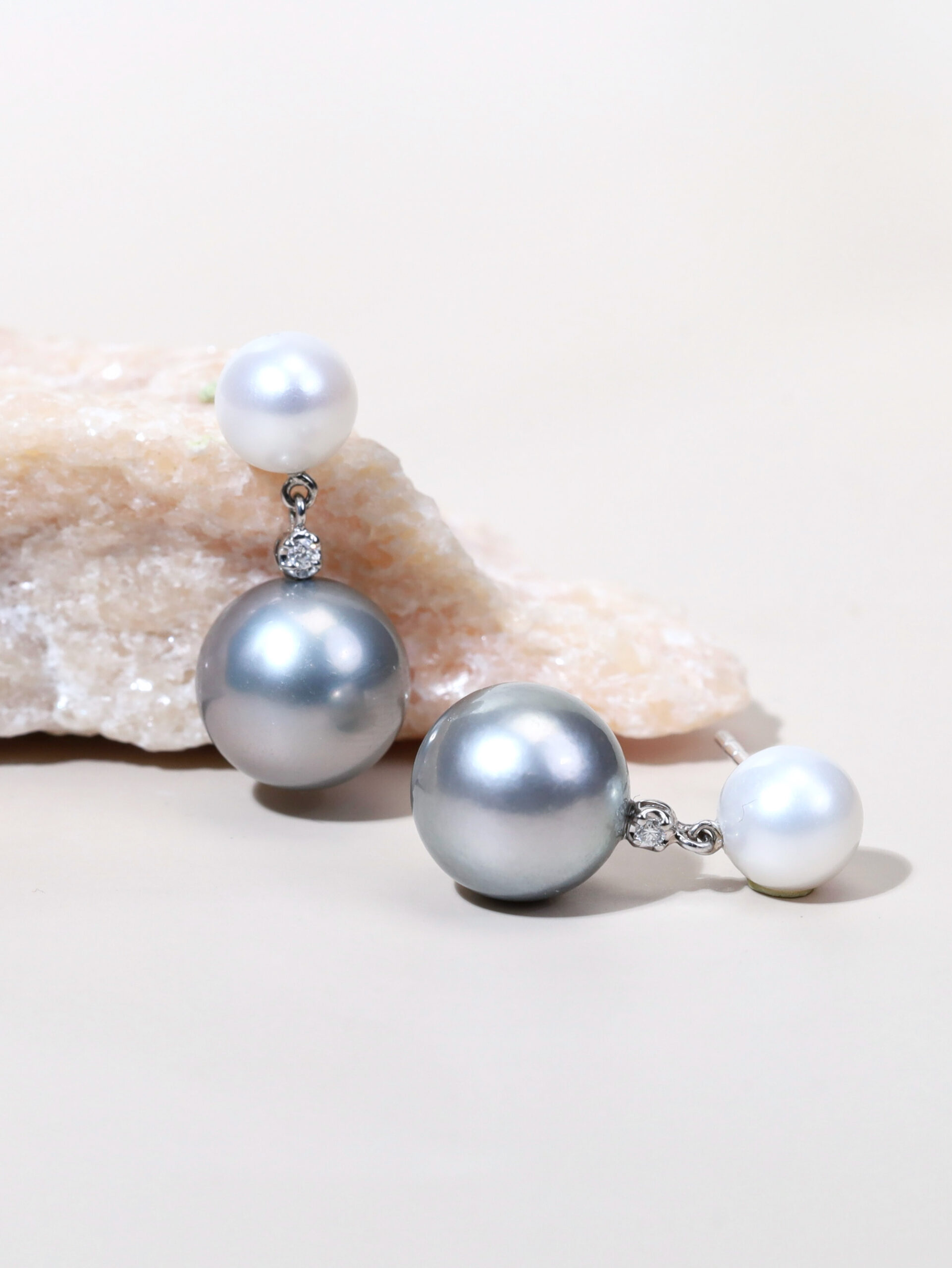 13 mm Tahitian and 8 mm South Sea Pearl Diamond Earrings in 18K White Gold