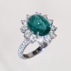 4.53 Carat Zambian Cabochon Emerald and Diamond Ring in 18K White Gold